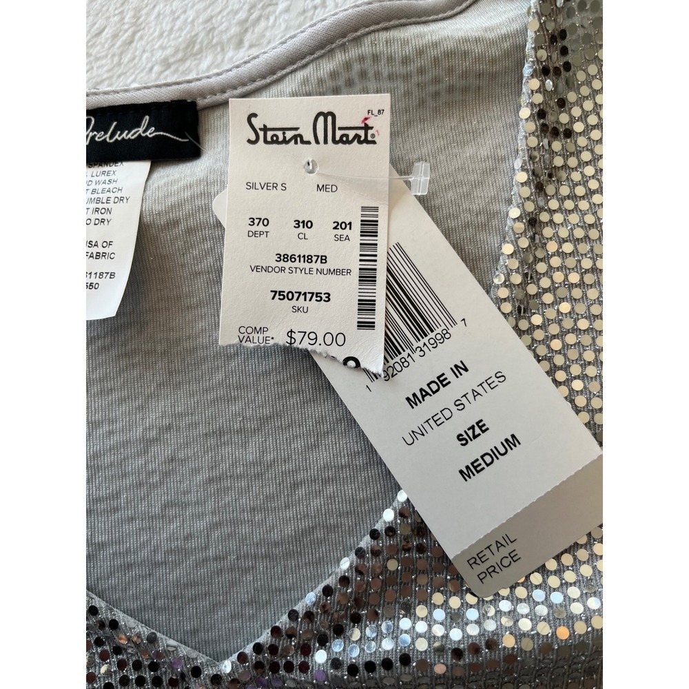 Prelude Silver Sequin Bell Sleeve V Neck Top‎ Size Medium - Picture 5 of 7